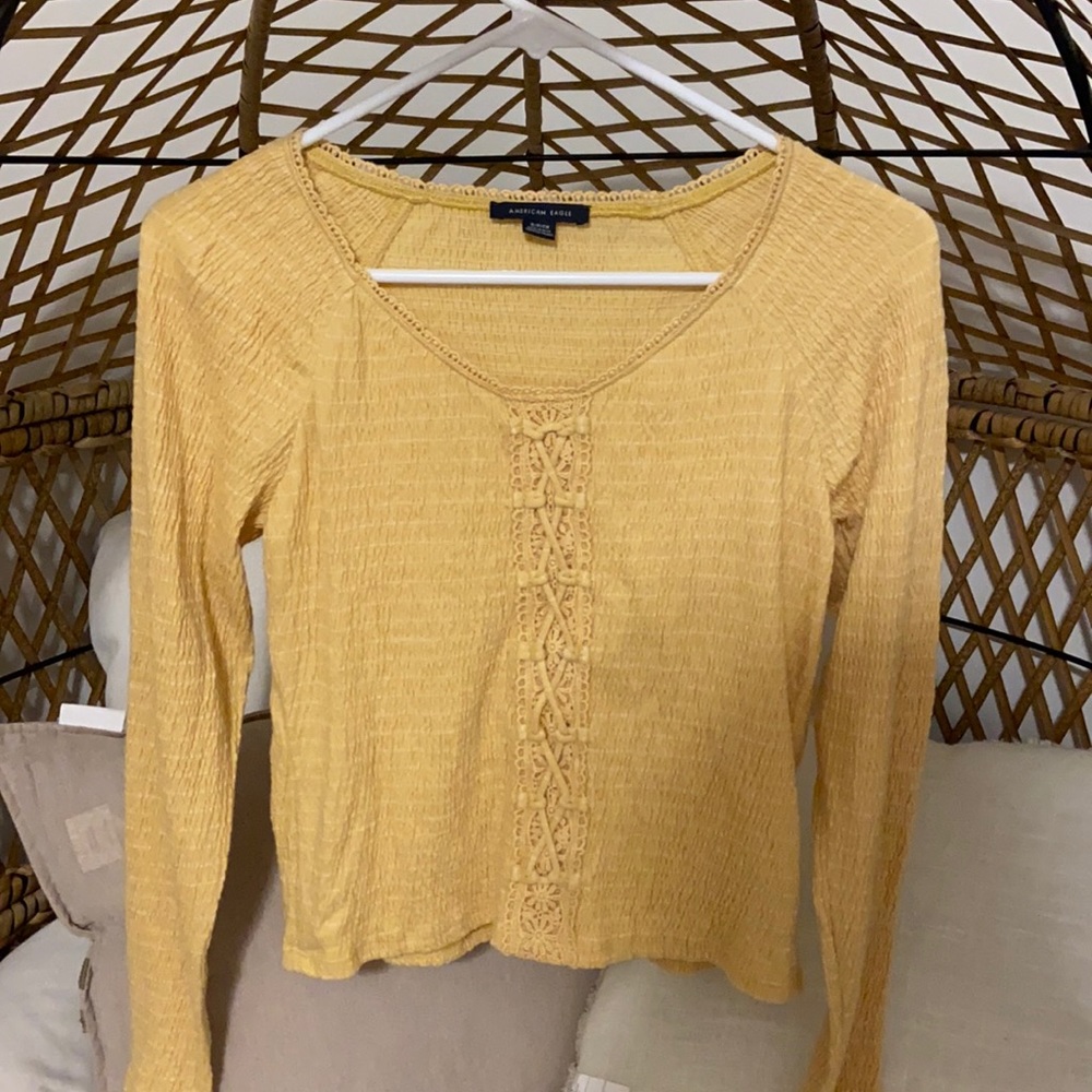 Yellow American eagle long sleeve shirt with tie detailing on front